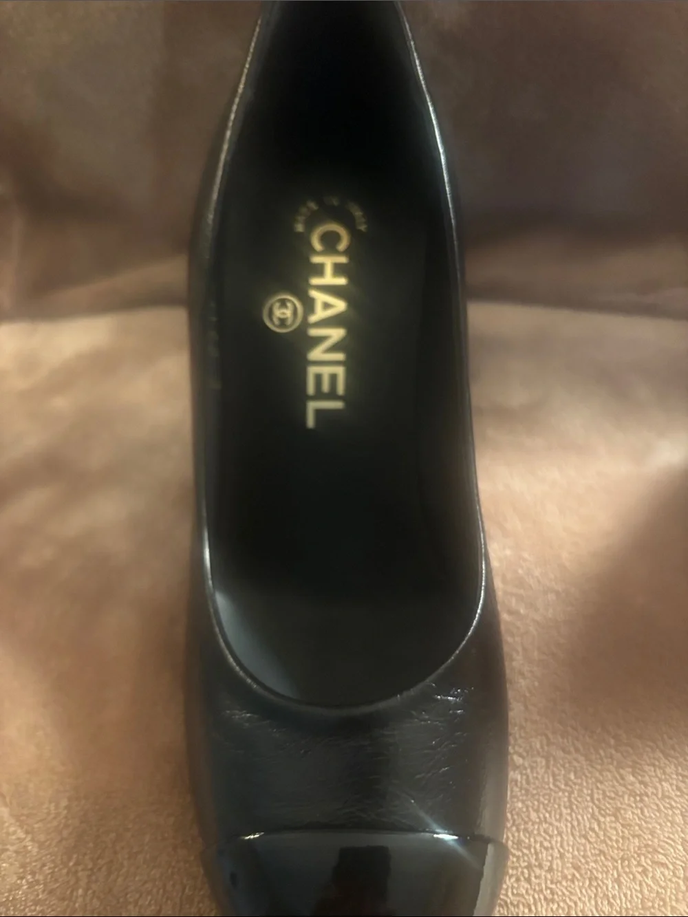 CHANEL Black Leather Cap-Toe Block Heel Pumps with Gold CC Detail
